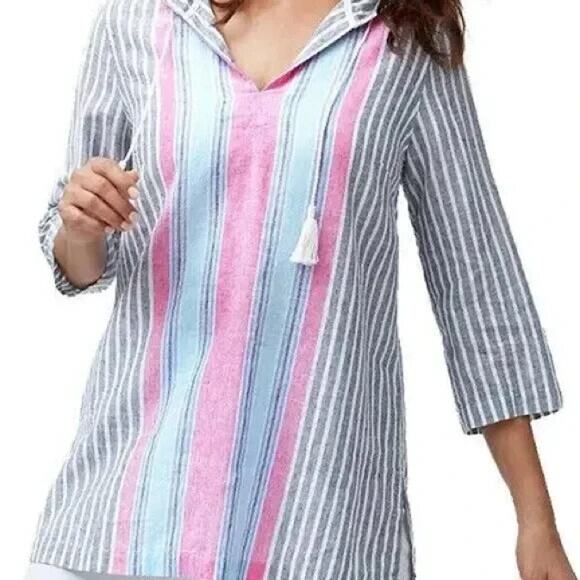 Tommy Bahama Lovely Lanes 3/4 Sleeve Baja Pullover Hoodie Cotton Linen Large - Picture 11 of 11